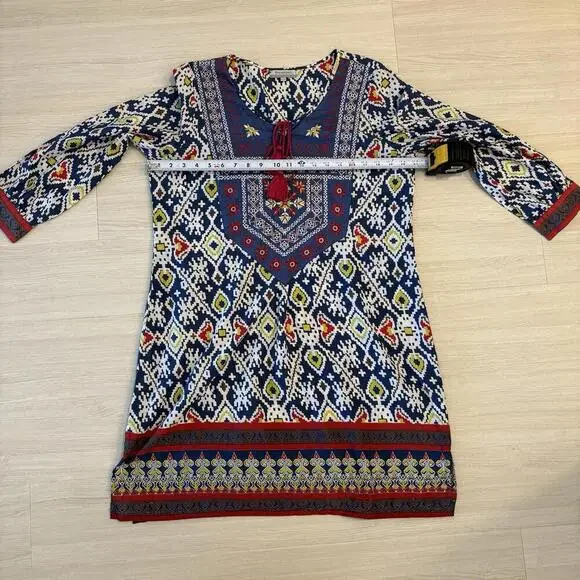 World Market Women L/XL Tunic Dress Embroidered Geometric Boho Tassel Aztec - Picture 6 of 7